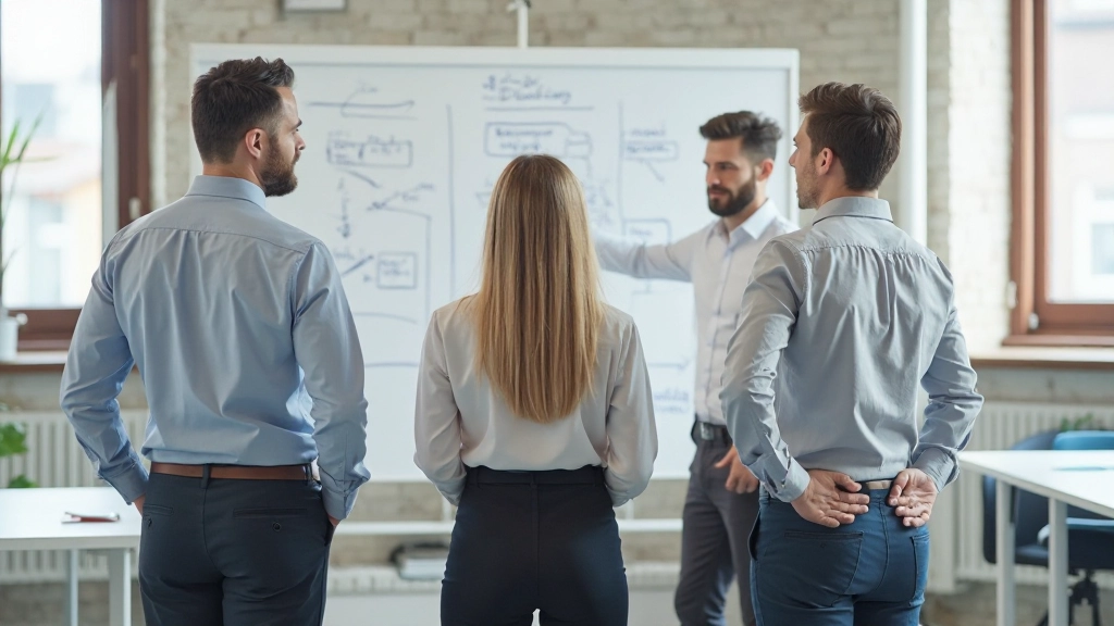 Teammeeting met professionals die samen naar whiteboard kijken met strategische notities